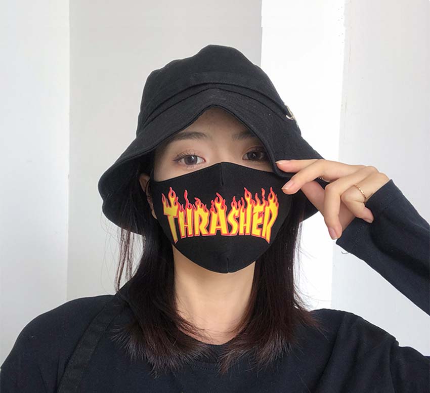 Thrasher ボックスログ マスク カッコイイ スラッシャー デザインマスク ブラック グレー ブランド 綿マスク